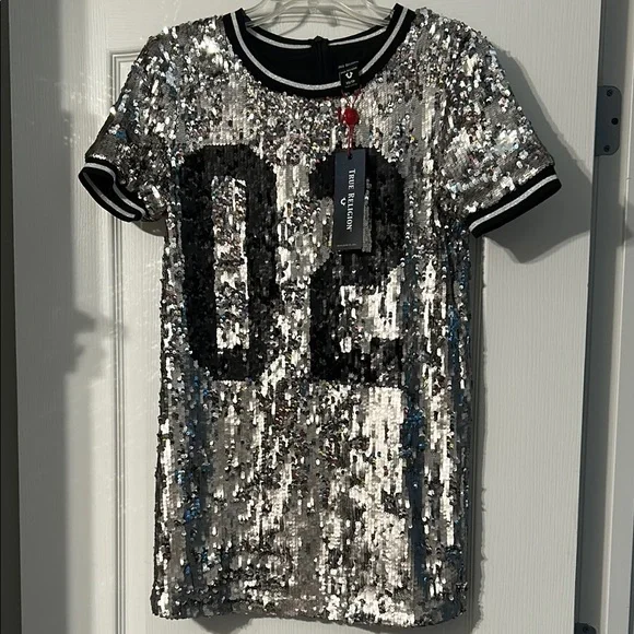 True Religion Silver Sequin Dress with Black Detail - Picture 1 of 11